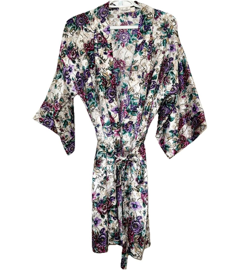 Vintage Adonna Floral Satin Wrap Robe Kimono Sleeve Belted USA Small